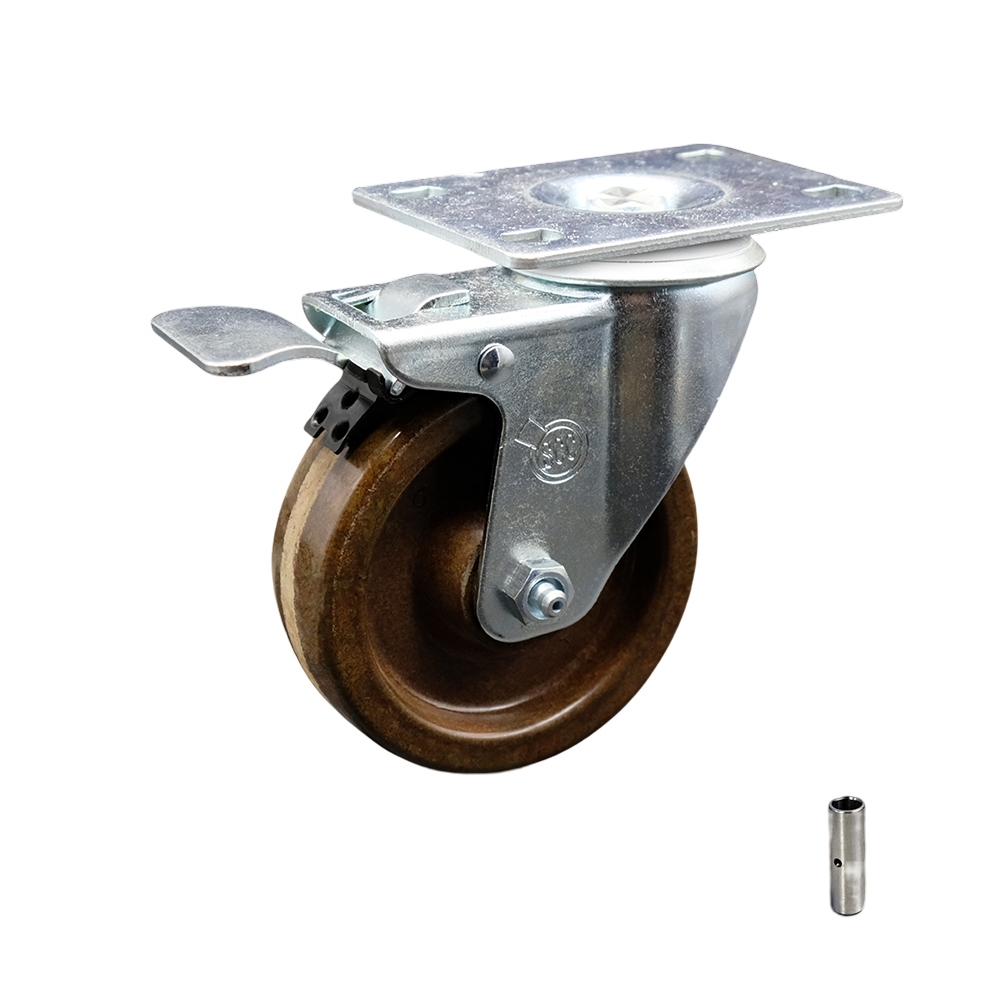 High Temperature Phenolic Swivel Top Plate Caster with 4 Inch Brown Wheel and Total Locking Brake - 300 lbs. Capacity Per Caster - Service Caster Brand — photo 1