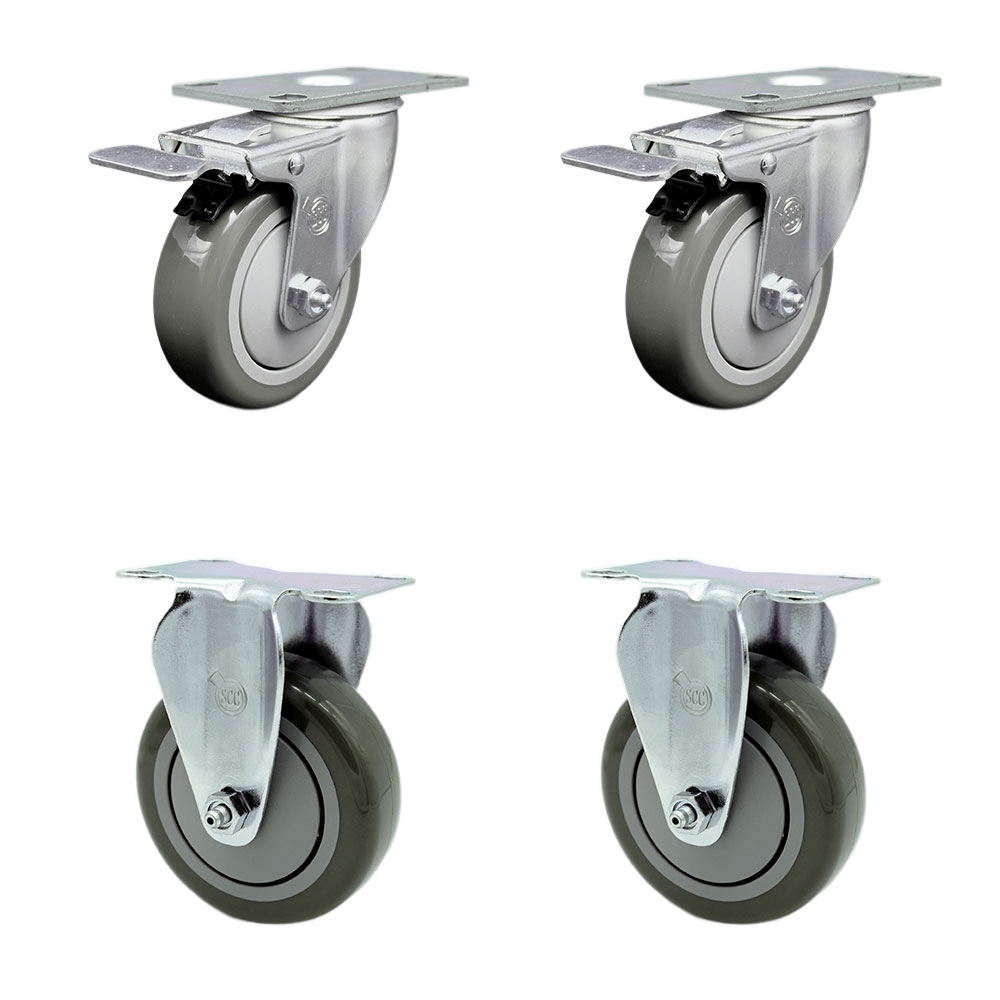Polyurethane Swivel Top Plate Caster Set of 4 with 4 Inch Gray Wheels - Includes 2 Swivel with Total Locking Brakes and 2 Rigid - 1400 lbs. Total Capacity - Service Caster Brand — photo 1
