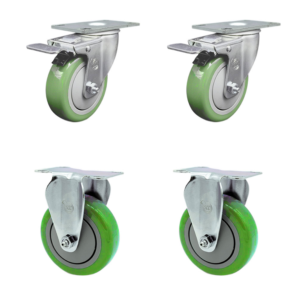 Polyurethane Swivel Top Plate Caster Set of 4 with 4 Inch Green Wheels - Includes 2 Swivel with Total Locking Brakes and 2 Rigid - 1400 lbs. Total Capacity - Service Caster Brand — photo 1