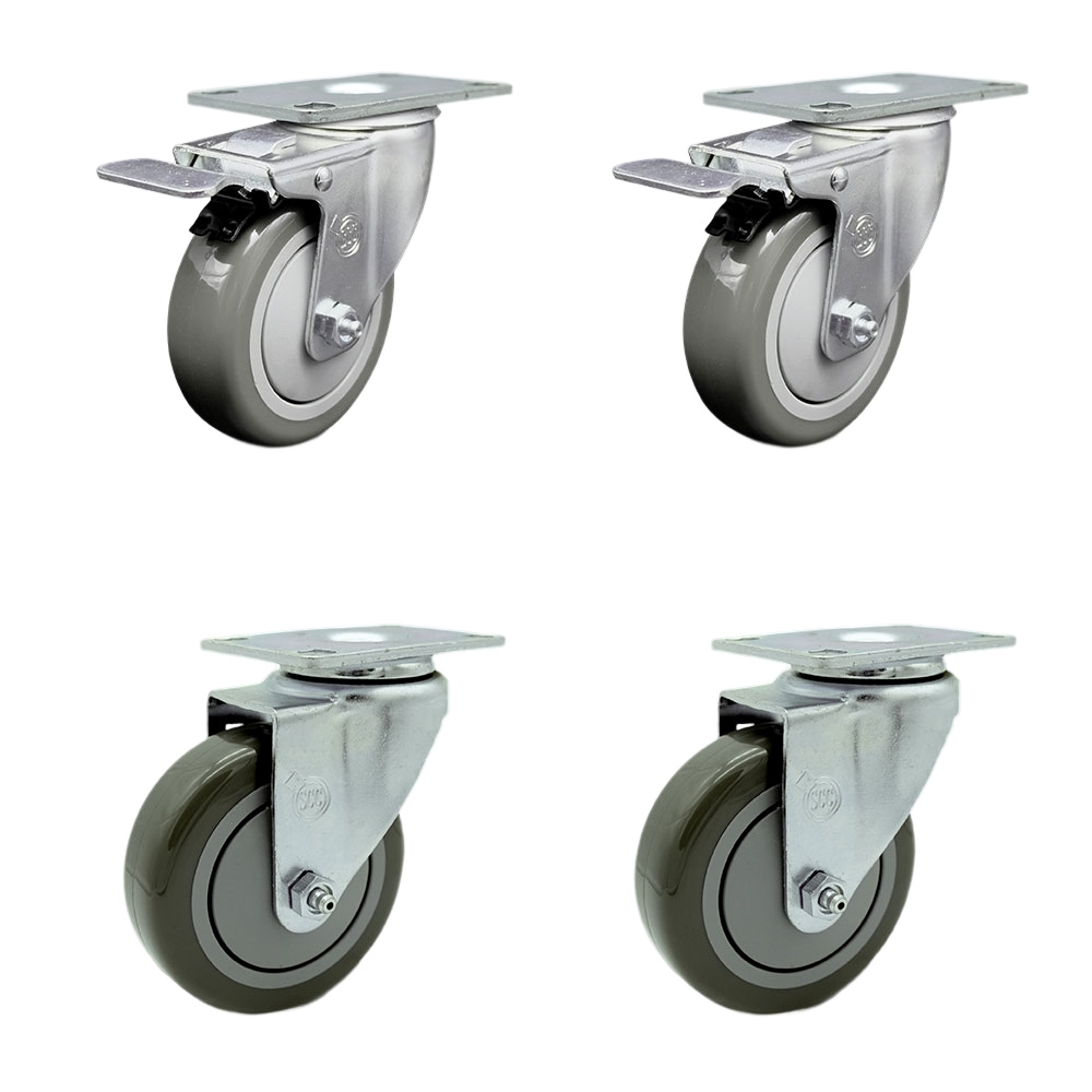 Polyurethane Swivel Top Plate Caster Set of 4 with 4 Inch Gray Wheels - Includes 2 Swivel with Total Locking Brakes and 2 Swivel - 1400 lbs. Total Capacity - Service Caster Brand — photo 1