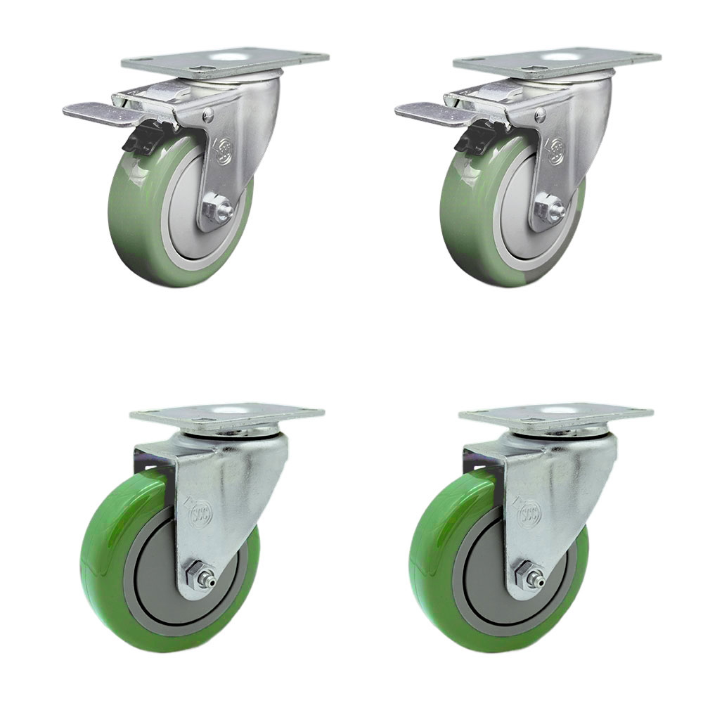 Polyurethane Swivel Top Plate Caster Set of 4 with 4 Inch Green Wheels - Includes 2 Swivel with Total Locking Brakes and 2 Swivel - 1400 lbs. Total Capacity - Service Caster Brand — photo 1