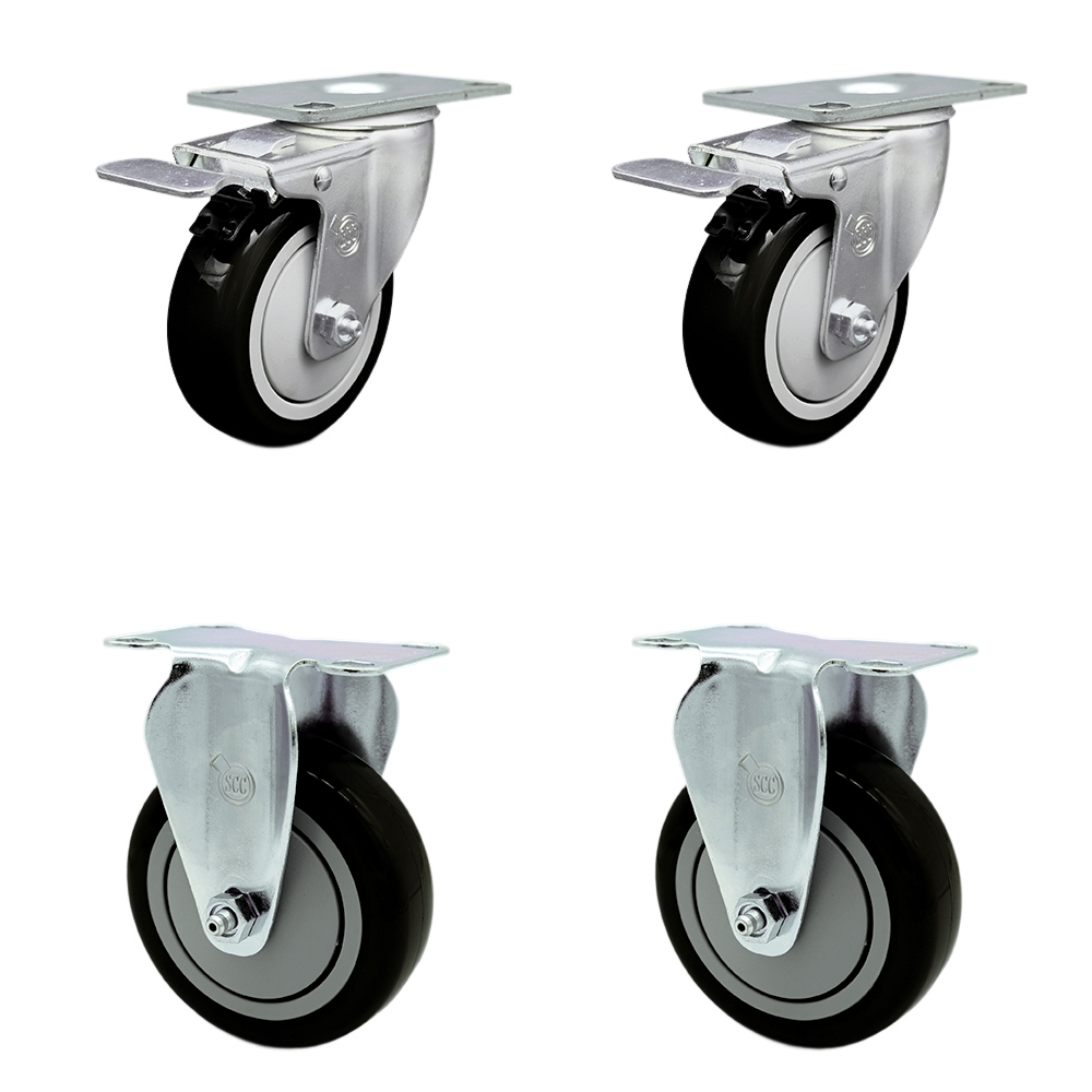 Polyurethane Swivel Top Plate Caster Set of 4 with 4 Inch Black Wheels - Includes 2 Swivel with Total Locking Brakes and 2 Rigid - 1400 lbs. Total Capacity - Service Caster Brand — photo 1
