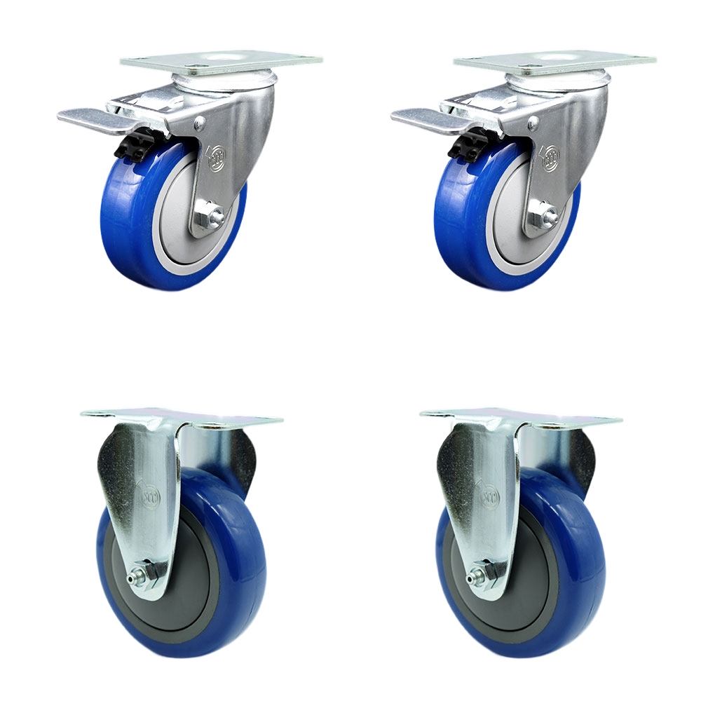 Polyurethane Swivel Top Plate Caster Set of 4 with 4 Inch Blue Wheels - Includes 2 Swivel with Total Locking Brakes and 2 Rigid - 1400 lbs. Total Capacity - Service Caster Brand — photo 1