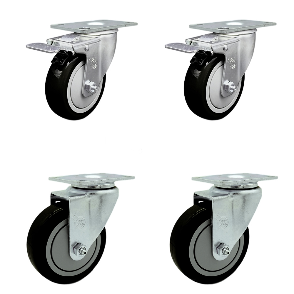 Polyurethane Swivel Top Plate Caster Set of 4 with 4 Inch Black Wheels - Includes 2 Swivel with Total Locking Brakes and 2 Swivel - 1400 lbs. Total Capacity - Service Caster Brand — photo 1