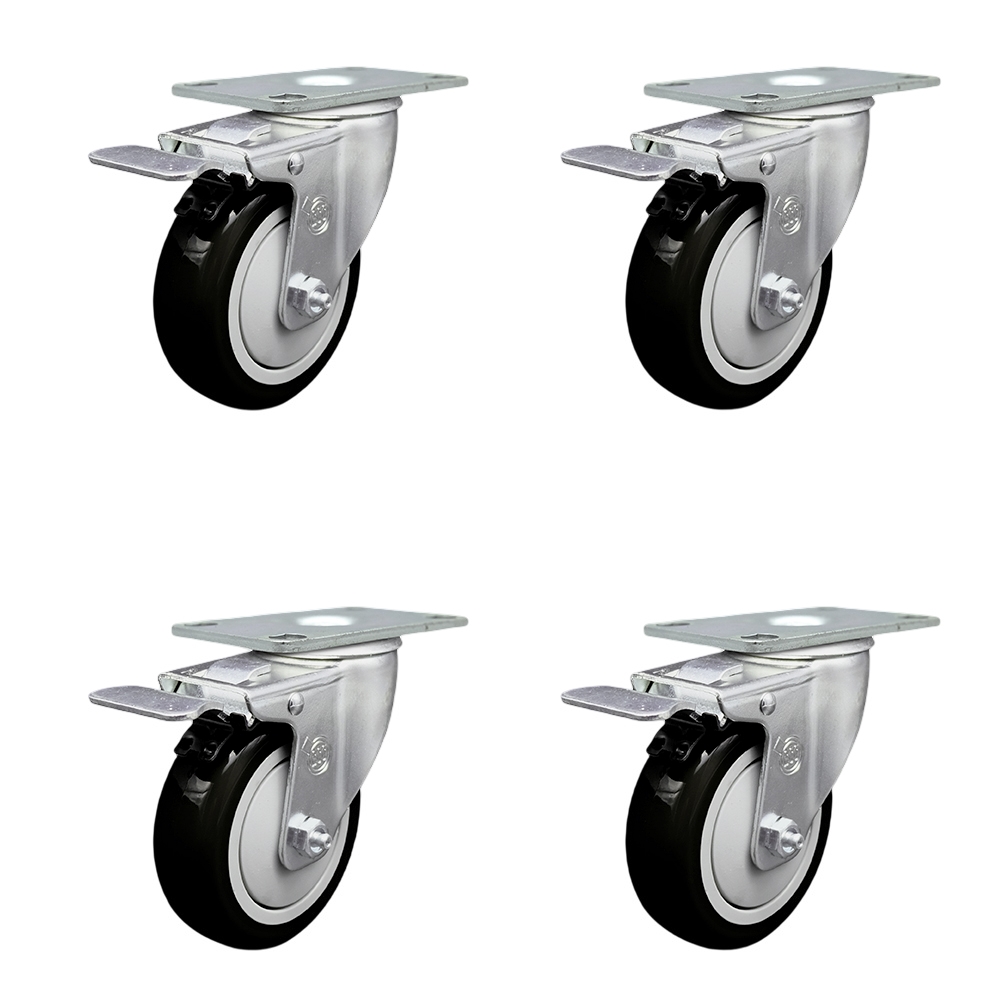 Polyurethane Swivel Top Plate Caster Set of 4 with 4 Inch Black Wheels - Includes 4 Swivel with Total Lock Brakes - 1400 lbs. Total Capacity - Service Caster Brand — photo 1