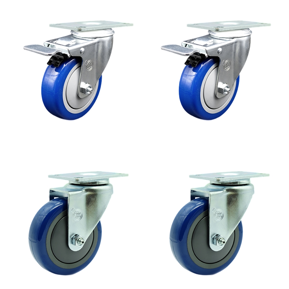 Polyurethane Swivel Top Plate Caster Set of 4 with 4 Inch Blue Wheels - Includes 2 Swivel with Total Locking Brakes and 2 Swivel - 1400 lbs. Total Capacity - Service Caster Brand — photo 1