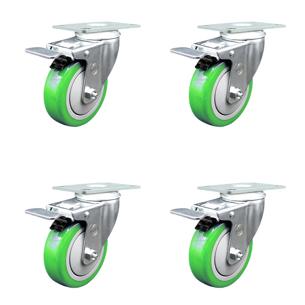 Polyurethane Swivel Top Plate Caster Set of 4 with 4 Inch Green Wheels - Includes 4 Swivel with Total Lock Brakes - 1400 lbs. Total Capacity - Service Caster Brand — photo 1
