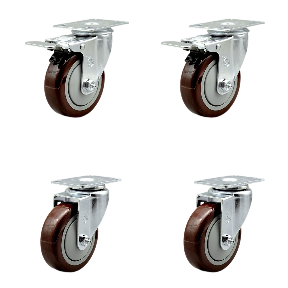 Polyurethane Swivel Top Plate Caster Set of 4 with 4 Inch Maroon Wheels - Includes 2 Swivel with Total Locking Brakes and 2 Swivel - 1400 lbs. Total Capacity - Service Caster Brand — photo 1