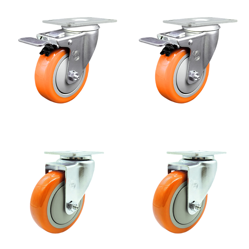 Polyurethane Swivel Top Plate Caster Set of 4 with 4 Inch Orange Caster Wheels - 316 Stainless Steel Casters - Includes 2 Swivel with Total Lock Brakes and 2 Swivel - Service Caster Brand — photo 1