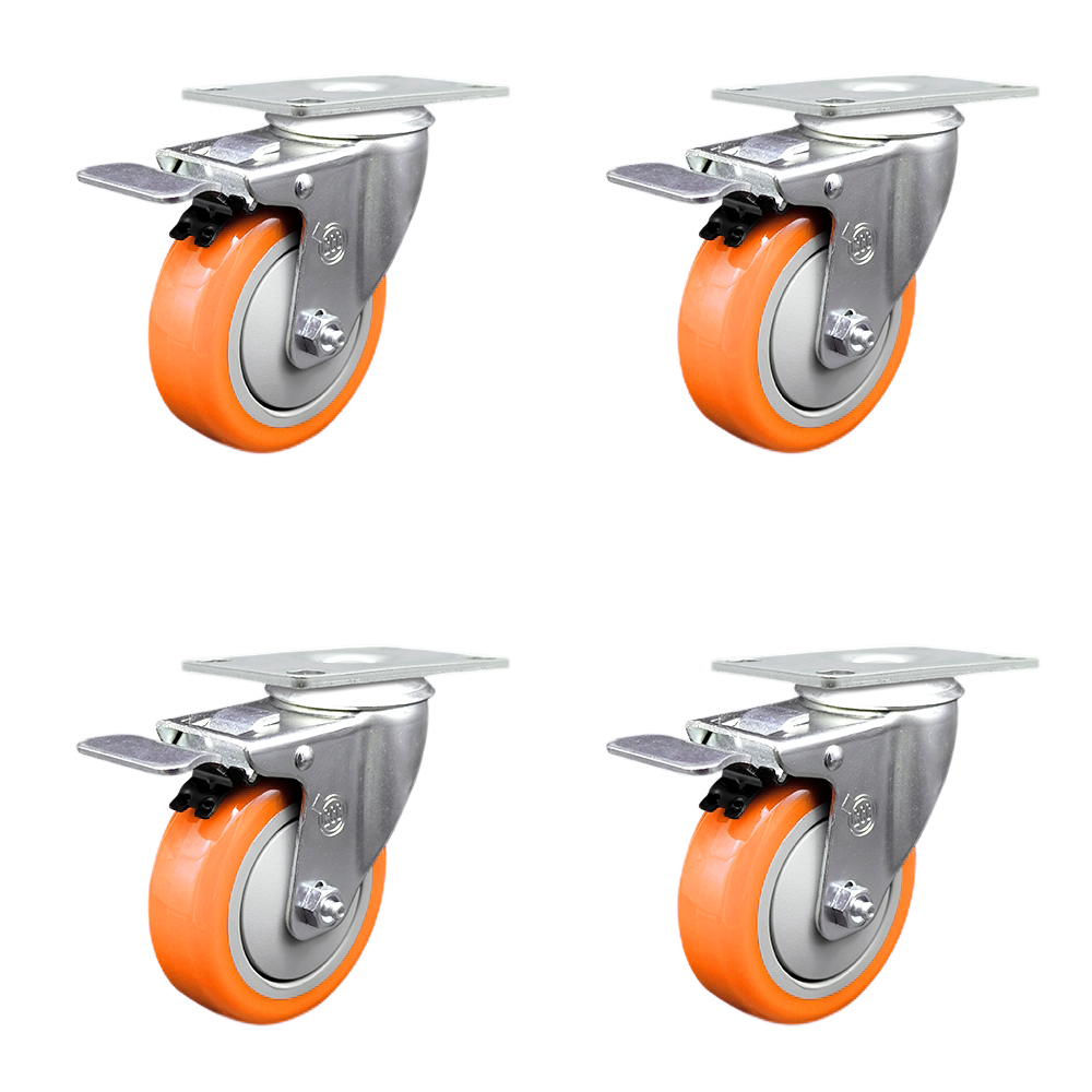 Polyurethane Swivel Top Plate Caster Set of 4 with 4 Inch Orange Caster Wheels-316 Stainless Steel Caster-Includes 4 Swivel Casters with Total Lock Brake-1,400lbs. Total Capacity- Service Caster Brand — photo 1