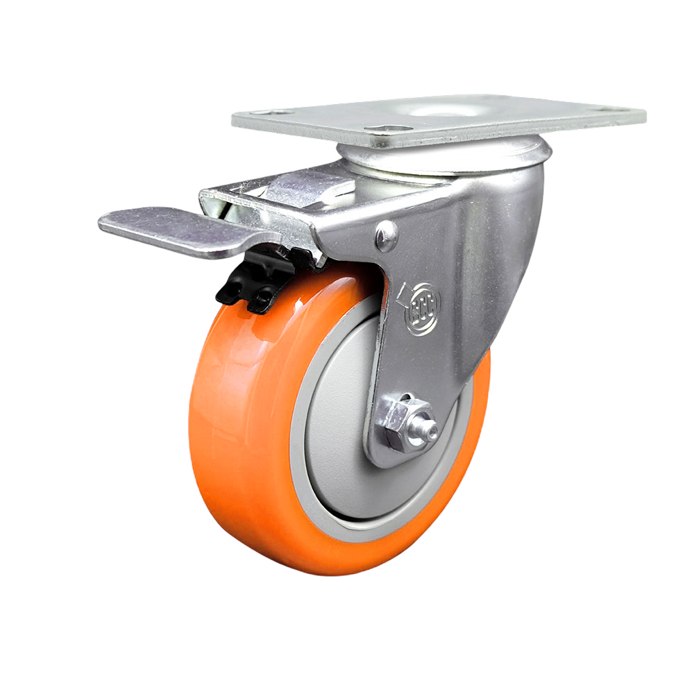 Polyurethane Swivel Top Plate Caster with 4 Inch Orange Caster Wheel and Total Lock Brake - 316 Stainless Steel Caster - 350 lbs. Capacity Per Caster - Service Caster Brand — photo 1