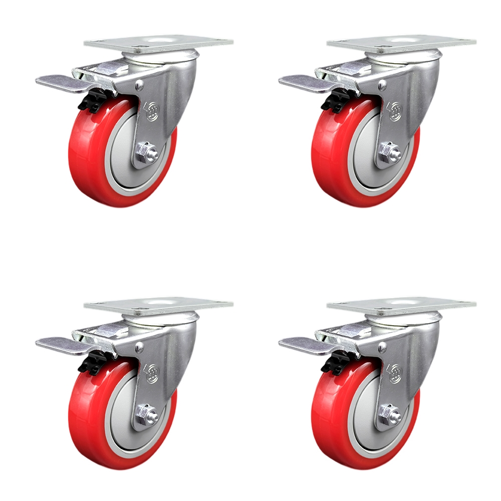 Polyurethane Swivel Top Plate Caster Set of 4 with 4 Inch Red Wheels - Includes 4 Swivel with Total Lock Brakes - 1400 lbs. Total Capacity - Service Caster Brand — photo 1