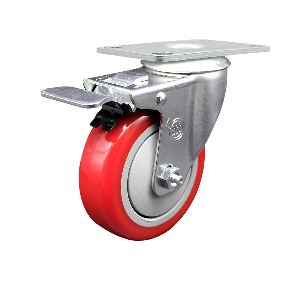 Service Caster Brand Replacement for Colson Caster 2.04256.95 BRK5 - Polyurethane Swivel Top Plate Caster with 4 Inch Red Wheel and Total Locking Brake - 350 lbs. Capacity Per Caster — photo 1