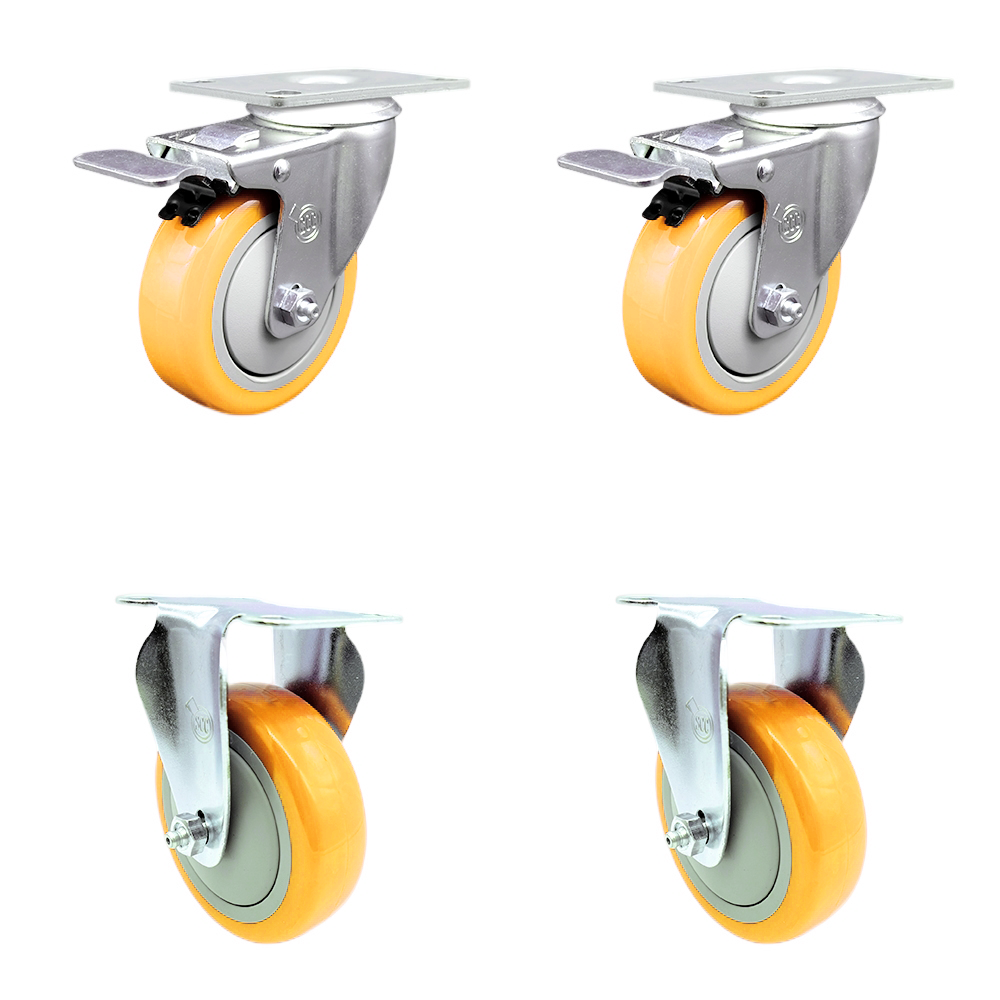 Polyurethane Swivel Top Plate Caster Set of 4 with 4 Inch Yellow Caster Wheels - 316 Stainless Steel Casters - Includes 2 Swivel with Total Lock Brakes and 2 Rigid - Service Caster Brand — photo 1