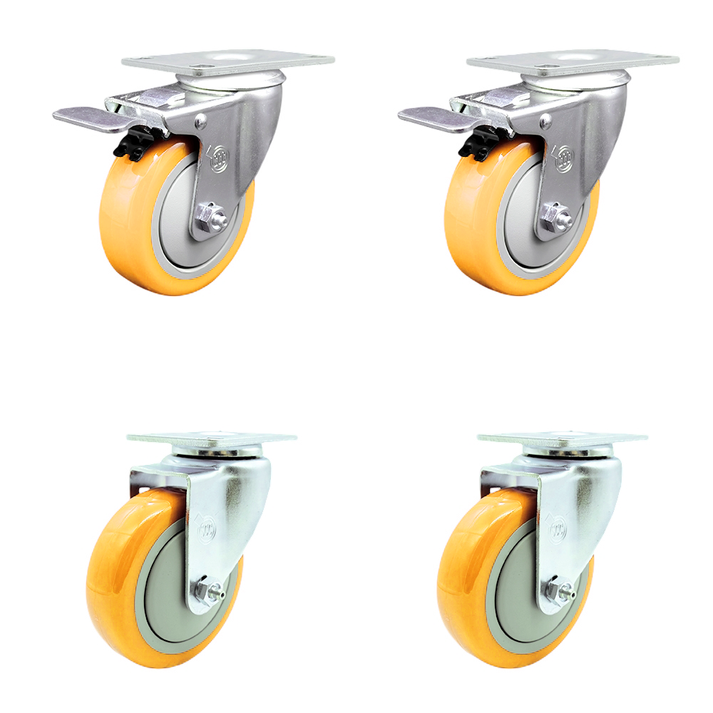 Polyurethane Swivel Top Plate Caster Set of 4 with 4 Inch Yellow Caster Wheels - 316 Stainless Steel Casters - Includes 2 Swivel with Total Lock Brakes and 2 Swivel - Service Caster Brand — photo 1