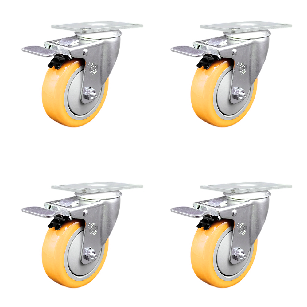 Polyurethane Swivel Top Plate Caster Set of 4 with 4 Inch Yellow Caster Wheels-316 Stainless Steel Caster-Includes 4 Swivel Casters with Total Lock Brake-1,400lbs. Total Capacity- Service Caster Brand — photo 1