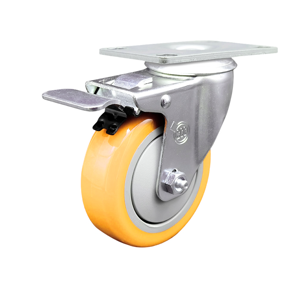 Polyurethane Swivel Top Plate Caster with 4 Inch Yellow Caster Wheel and Total Lock Brake - 316 Stainless Steel Caster - 350 lbs. Capacity Per Caster - Service Caster Brand — photo 1