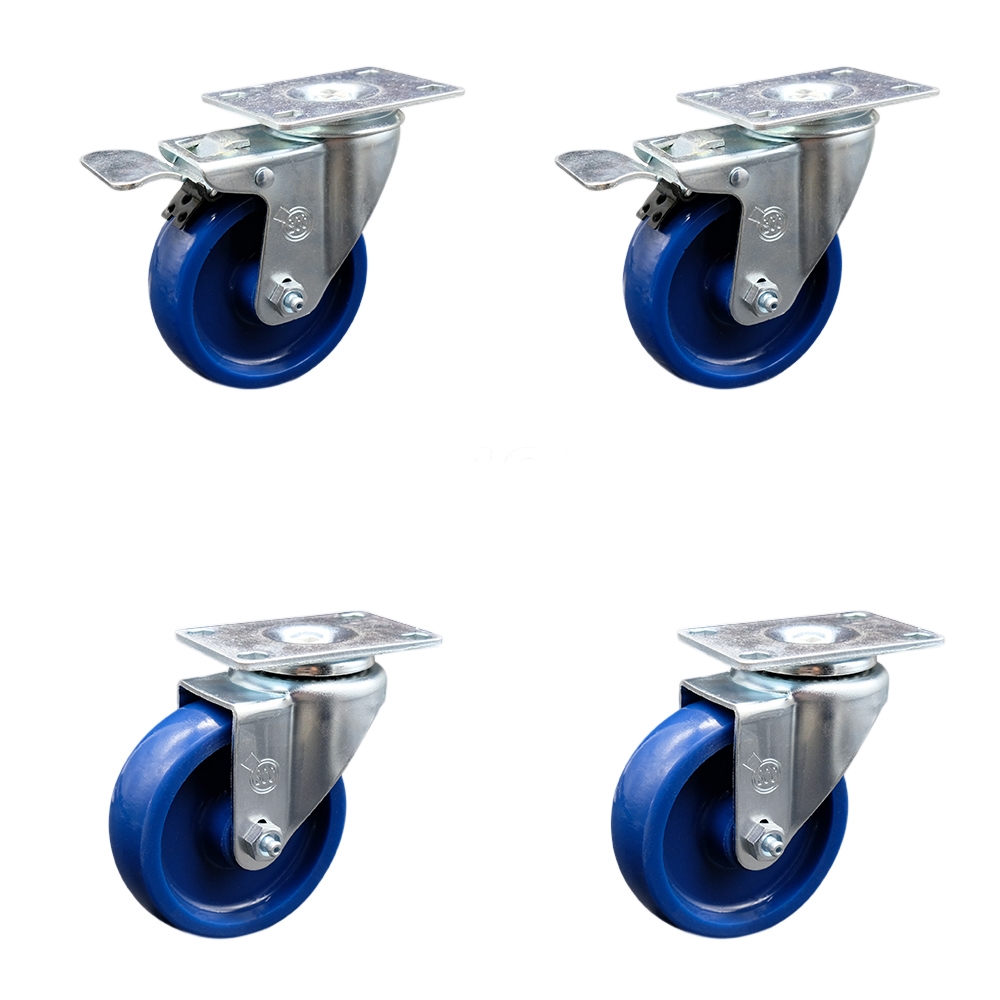 Solid Polyurethane Swivel Top Plate Caster Set of 4 w/4" x 1.25" Blue Wheels - Includes 2 Swivel with Total Locking Brakes & 2 Swivel - 1200 lbs Total Capacity - Service Caster Brand — photo 1