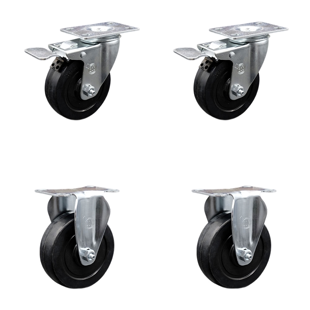Soft Rubber Swivel Top Plate Caster Set of 4 with 4 Inch Black Wheels - Includes 2 Swivel with Total Locking Brakes and 2 Rigid - 800 lbs. Total Capacity - Service Caster Brand — photo 1