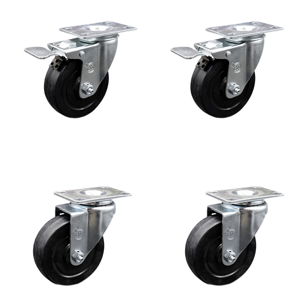 Soft Rubber Swivel Top Plate Caster Set of 4 with 4 Inch Black Wheels - Includes 2 Swivel with Total Locking Brakes and 2 Swivel - 800 lbs. Total Capacity - Service Caster Brand — photo 1