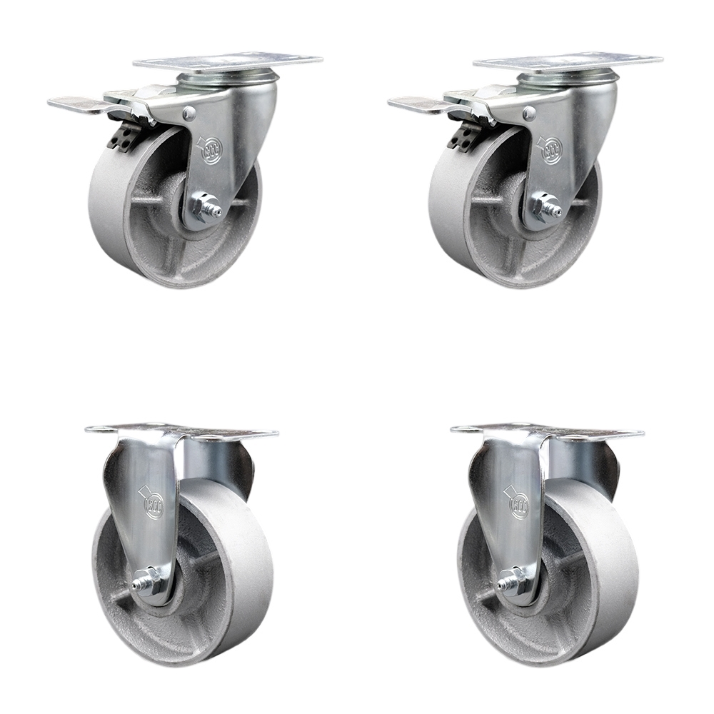 Semi Steel Cast Iron Swivel Top Plate Caster Set of 4 with 4 Inch Silver Wheels - Includes 2 Swivel with Total Locking Brakes and 2 Rigid - 1200 lbs. Total Capacity - Service Caster Brand — photo 1