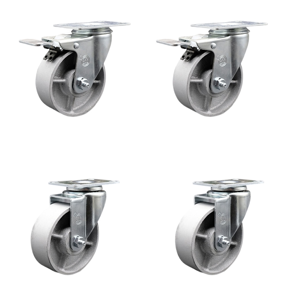 Semi Steel Cast Iron Swivel Top Plate Caster Set of 4 with Roller Bearings - 4 Inch Silver Wheels-Includes 2 Swivel with Total Locking Brakes and 2 Swivel-1200 lbs. Total Capacity-Service Caster Brand — photo 1