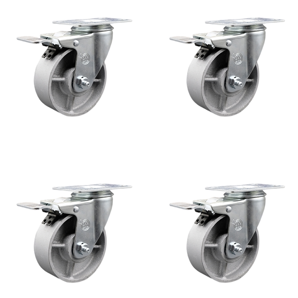 Semi Steel Cast Iron Swivel Top Plate Caster Set of 4 with Roller Bearings - 4 Inch Silver Wheels - Includes 4 Swivel with Total Lock Brakes - 1200 lbs. Total Capacity - Service Caster Brand — photo 1