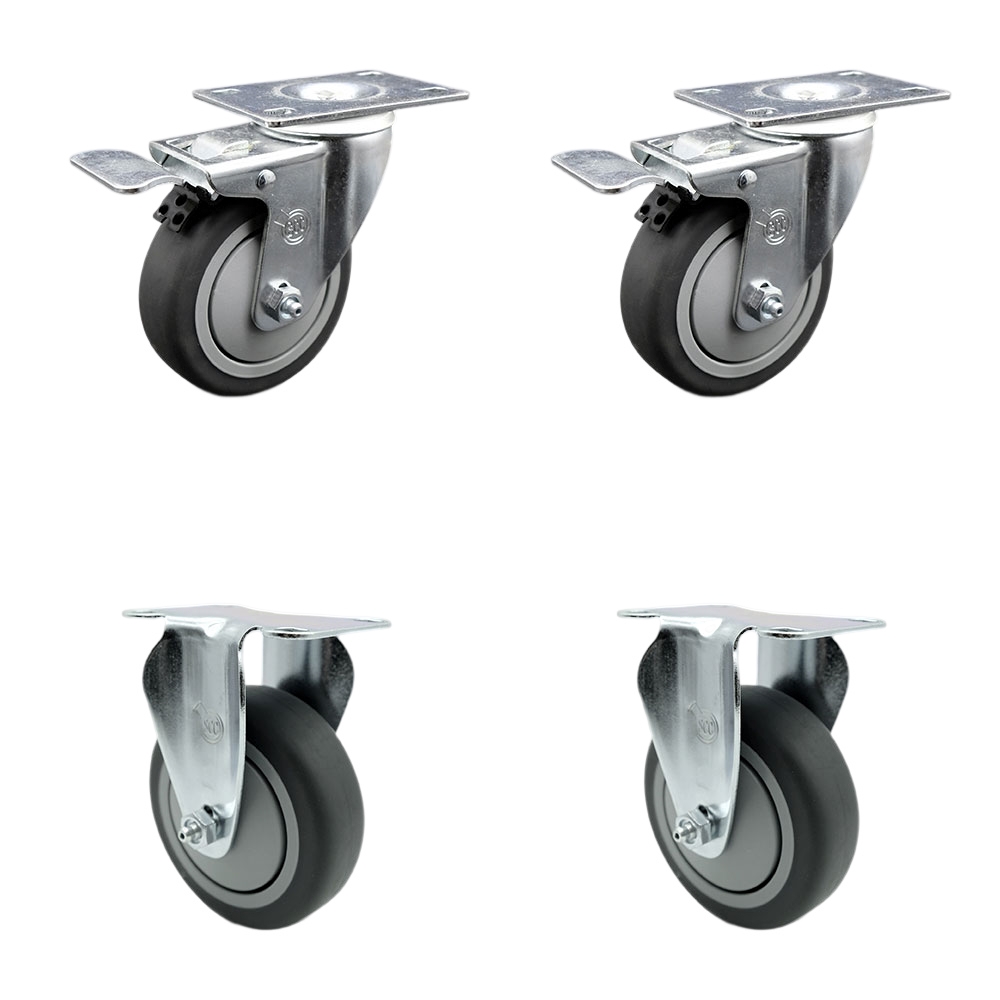 Thermoplastic Rubber Swivel Top Plate Caster Set of 4 with 4 Inch Gray Wheels - Includes 2 Swivel with Total Locking Brakes and 2 Rigid - 1000 lbs. Total Capacity - Service Caster Brand — photo 1