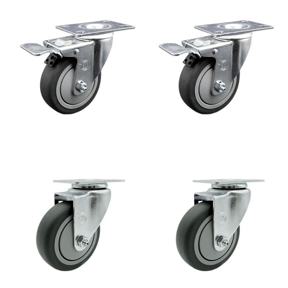 Thermoplastic Rubber Swivel Top Plate Caster Set of 4 with 4 Inch Gray Wheels - Includes 2 Swivel with Total Locking Brakes and 2 Swivel - 1000 lbs. Total Capacity - Service Caster Brand — photo 1