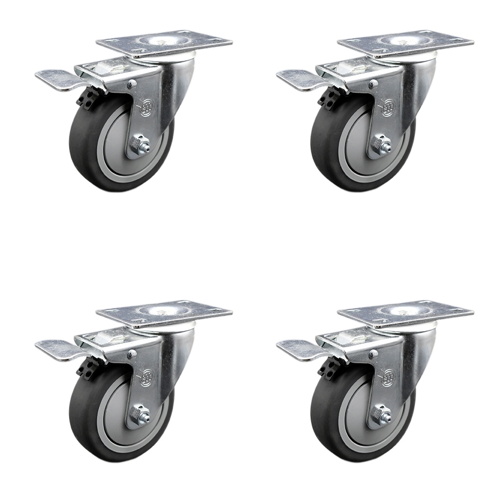 Thermoplastic Rubber Swivel Top Plate Caster Set of 4 with 4 Inch Gray Wheels - Includes 4 Swivel with Total Lock Brakes - 1000 lbs. Total Capacity - Service Caster Brand — photo 1