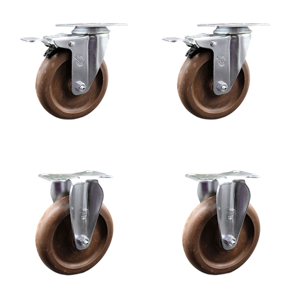 High Temp Glass Filled Nylon Swivel Top Plate Caster Set of 4 with 5 Inch Brown Wheel-Include 2 Swivel with Total Locking Brake and 2 Rigid-1400 lbs Total Capacity-Service Caster Brand — photo 1