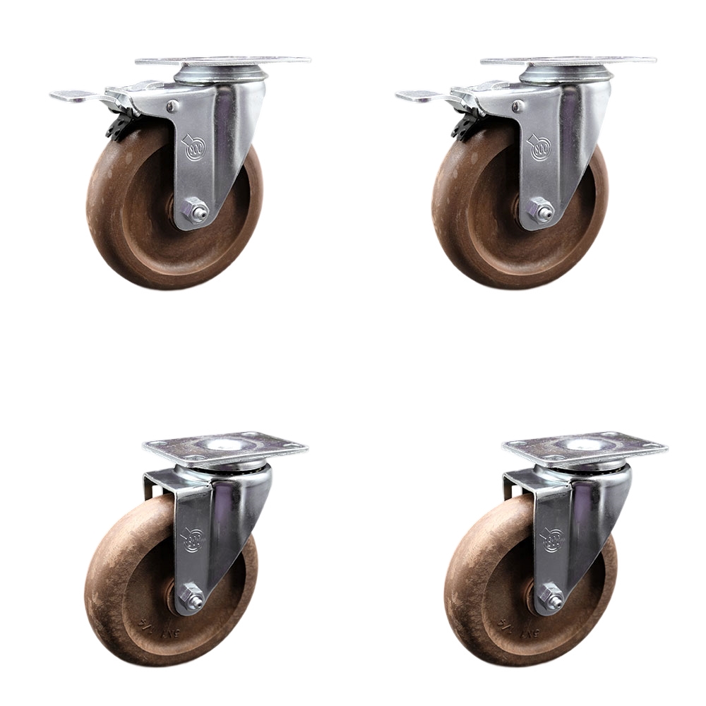 High Temp Glass Filled Nylon Swivel Top Plate Caster Set of 4 with 5 Inch Wheels-Include 2 Swivel with Total Locking Brake and 2 Swivel-1400 lbs. Total Capacity - Service Caster Brand — photo 1