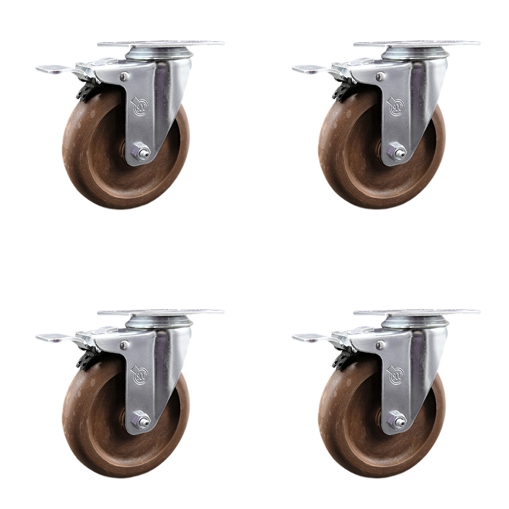 High Temperature Glass Filled Nylon Swivel Top Plate Caster Set of 4 with 5 Inch Brown Wheels - Includes 4 Swivel with Total Lock Brakes - 1400 lbs. Total Capacity-Service Caster Brand — photo 1