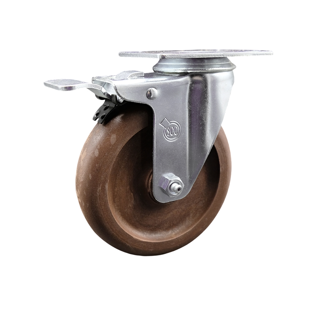 High Temperature Glass Filled Nylon Swivel Top Plate Caster with 5 Inch Brown Wheel and Total Locking Brake - 350 lbs. Capacity Per Caster - Service Caster Brand — photo 1