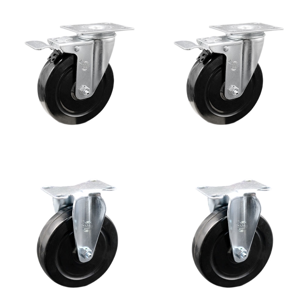 Hard Rubber Swivel Top Plate Caster Set of 4 with 5 Inch Black Wheels - Includes 2 Swivel with Total Locking Brakes and 2 Rigid - 1200 lbs. Total Capacity - Service Caster Brand — photo 1