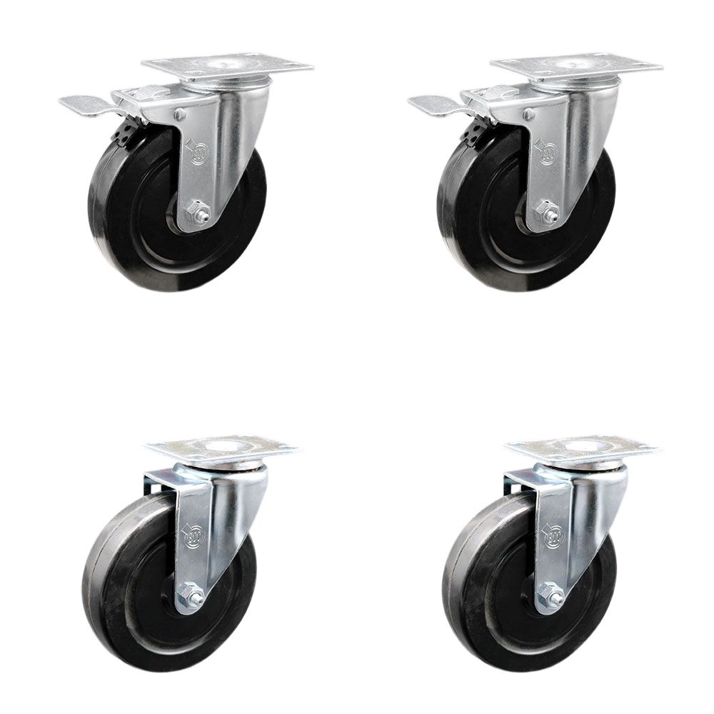 Hard Rubber Swivel Top Plate Caster Set of 4 with 5 Inch Black Wheels - Includes 2 Swivel with Total Locking Brakes and 2 Swivel - 1200 lbs. Total Capacity - Service Caster Brand — photo 1