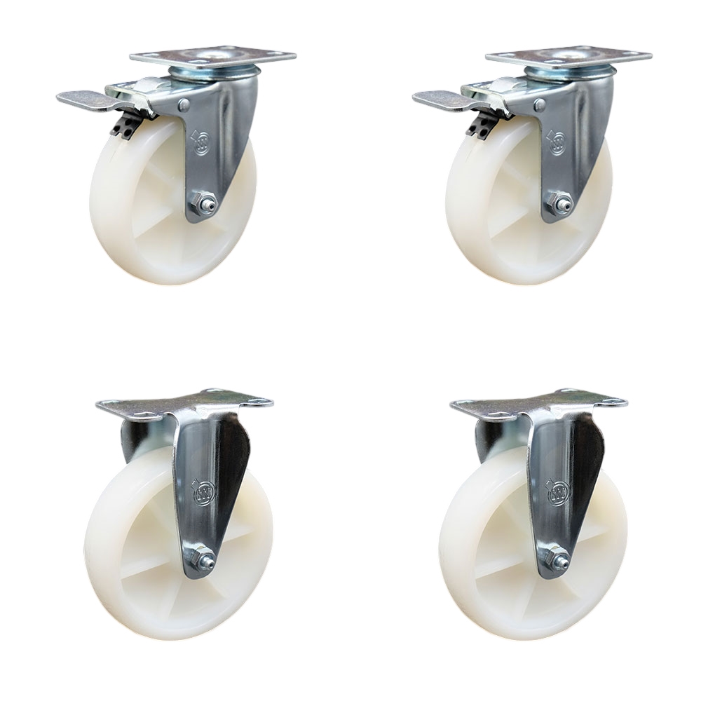 Nylon Swivel Top Plate Caster Set of 4 with 5 Inch White Wheels - Includes 2 Swivel with Total Locking Brakes and 2 Rigid - 1200 lbs. Total Capacity - Service Caster Brand — photo 1