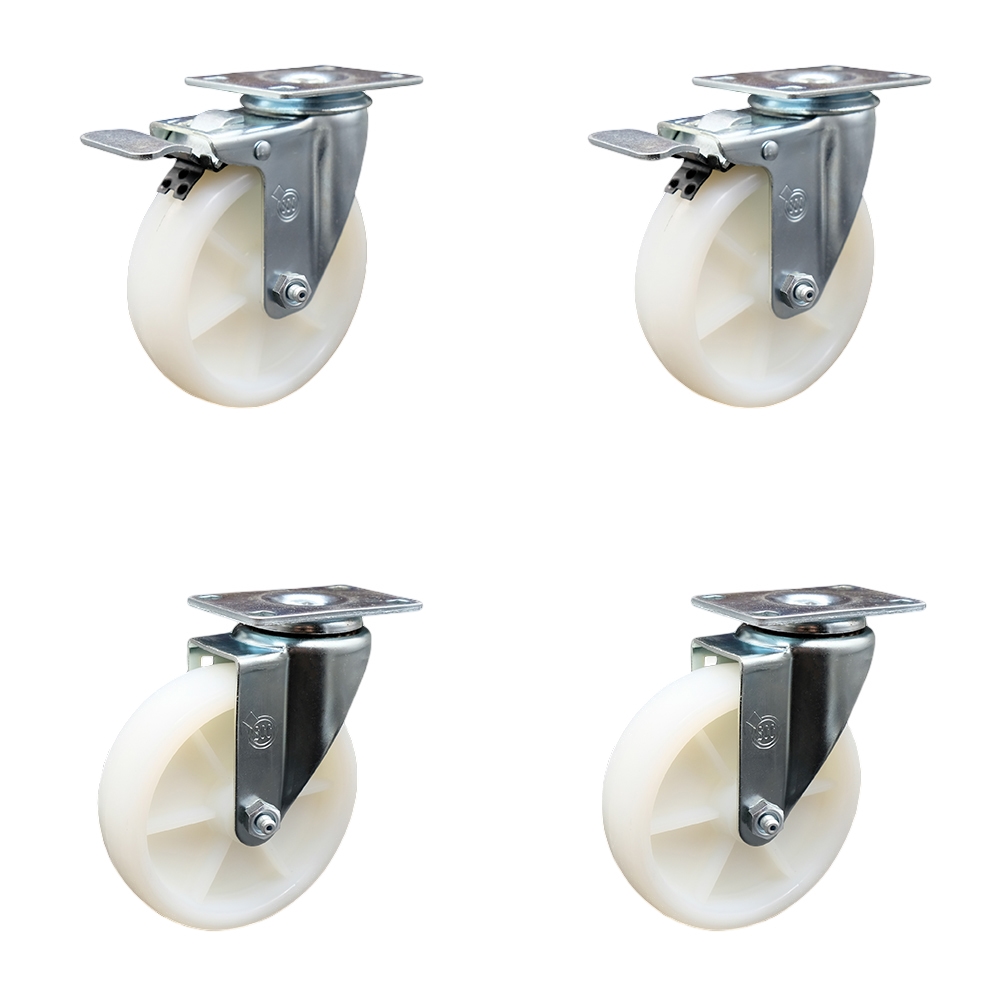 Nylon Swivel Top Plate Caster Set of 4 with 5 Inch White Wheels - Includes 2 Swivel with Total Locking Brakes and 2 Swivel - 1200 lbs. Total Capacity - Service Caster Brand — photo 1