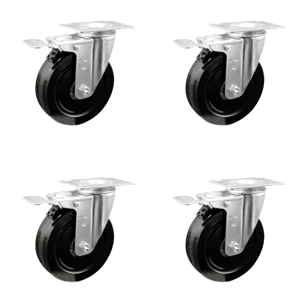Phenolic Swivel Top Plate Caster Set of 4 with Roller Bearings - 5 Inch Black Wheels - Includes 4 Swivel with Total Lock Brakes - 1200 lbs. Total Capacity - Service Caster Brand — photo 1