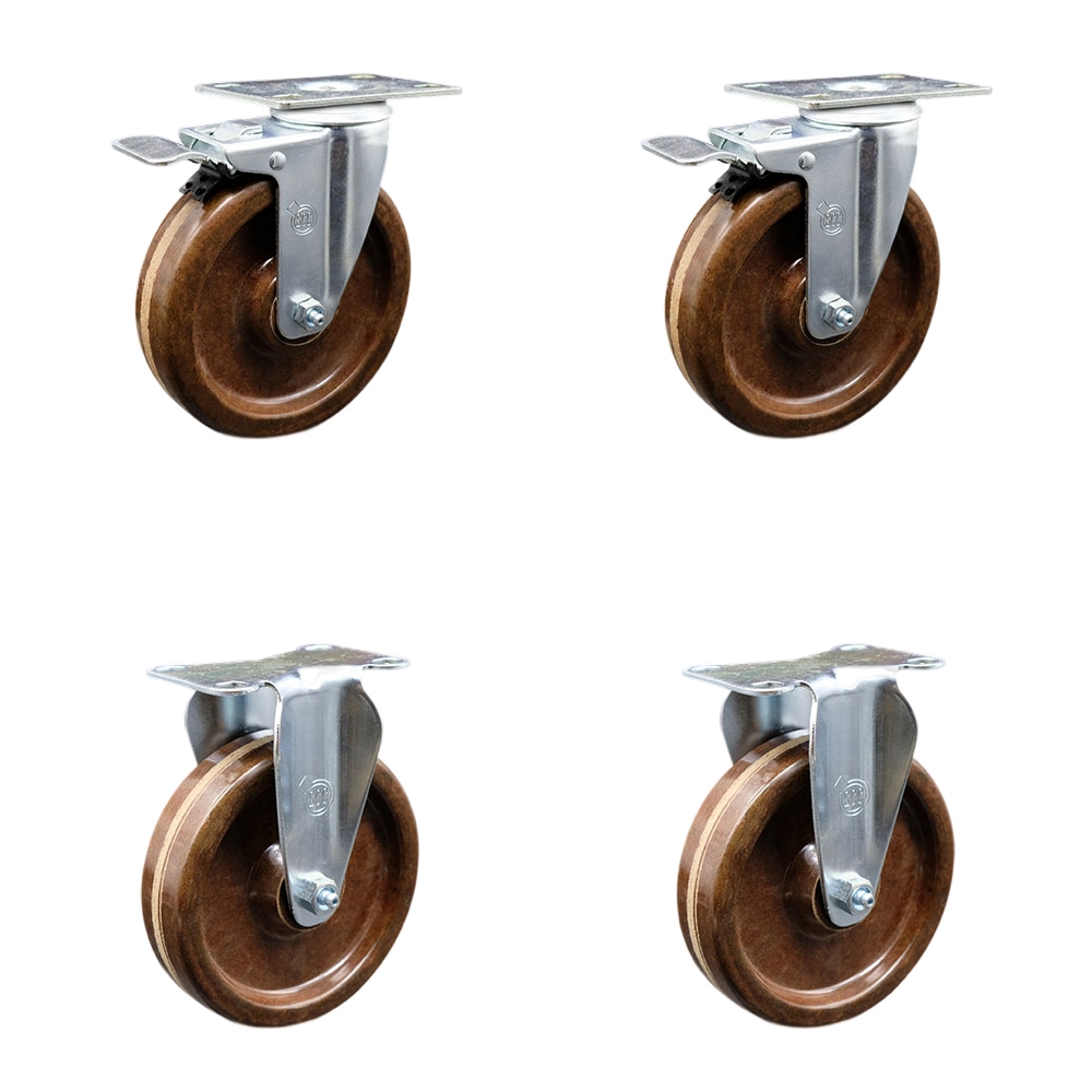 High Temperature Phenolic Swivel Top Plate Caster Set of 4 with Roller Bearings - 5 Inch Wheels - Include 2 Swivel with Total Locking Brakes and 2 Rigid-1200 lbs. Total Capacity - Service Caster Brand — photo 1