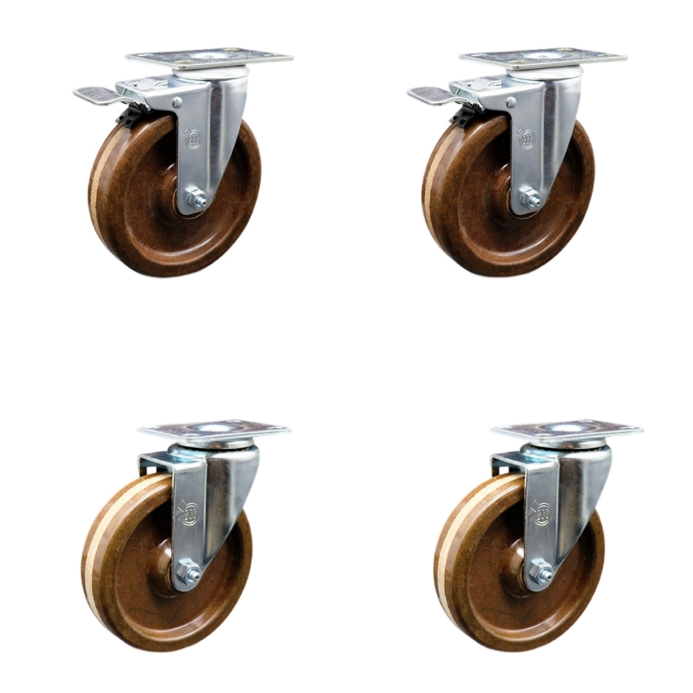 High Temperature Phenolic Swivel Top Plate Caster Set of 4 with Roller Bearings - 5 Inch Wheel - Include 2 Swivel with Total Locking Brakes and 2 Swivel-1200 lbs. Total Capacity - Service Caster Brand — photo 1
