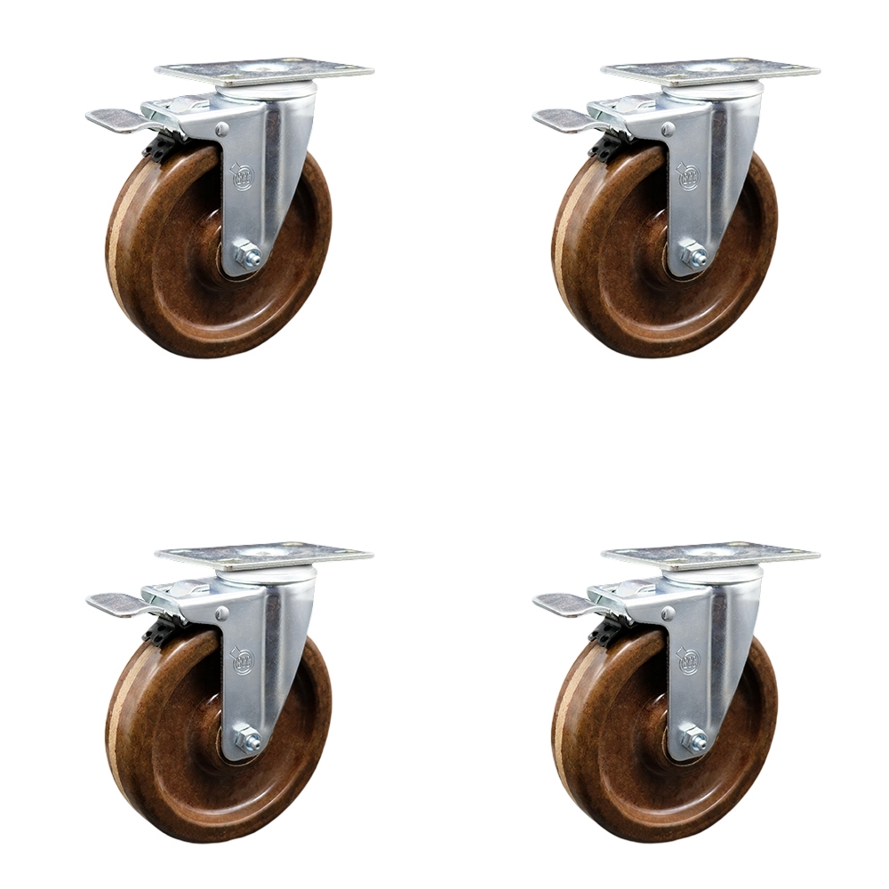 High Temperature Phenolic Swivel Top Plate Caster Set of 4 with Roller Bearings-5 Inch Wheels-Includes 4 Swivel with Total Lock Brakes-1200 lbs. Total Capacity - Service Caster Brand — photo 1