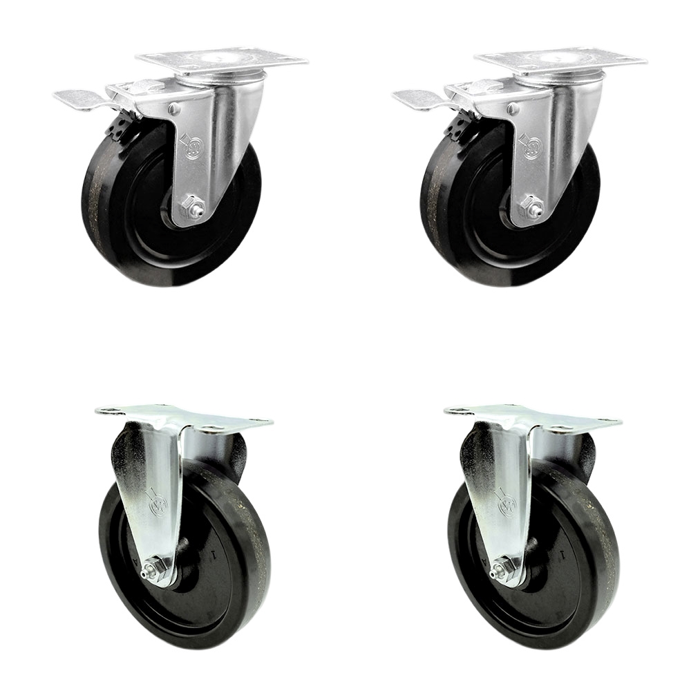 Phenolic Swivel Top Plate Caster Set of 4 with 5 Inch Black Wheels - Includes 2 Swivel with Total Locking Brakes and 2 Rigid - 1200 lbs. Total Capacity - Service Caster Brand — photo 1