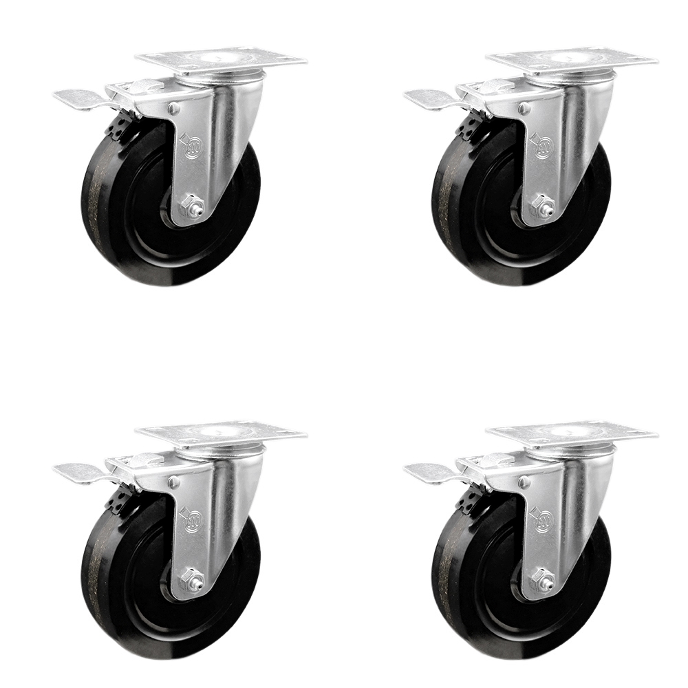 Phenolic Swivel Top Plate Caster Set of 4 with 5 Inch Black Wheels - Includes 4 Swivel with Total Lock Brakes - 1200 lbs. Total Capacity - Service Caster Brand — photo 1