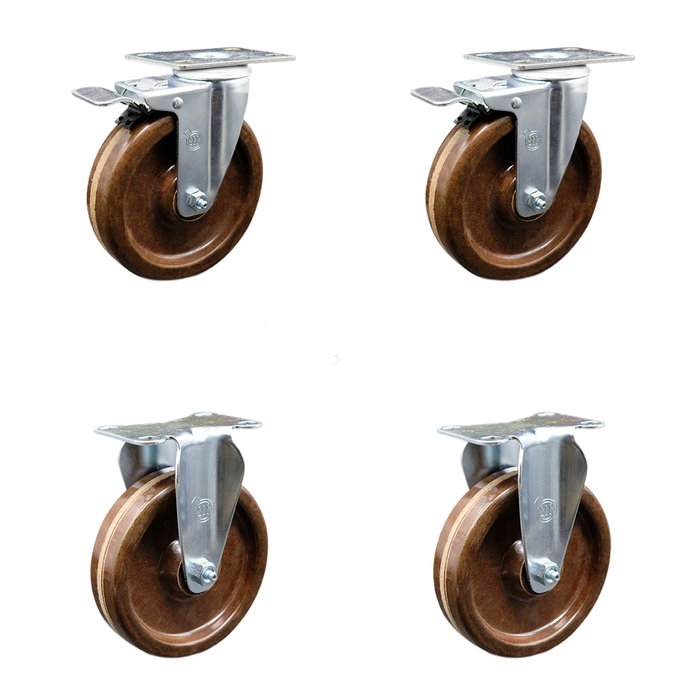 High Temperature Phenolic Swivel Top Plate Caster Set of 4 with 5 Inch Wheels -Includes 2 Swivel with Total Locking Brakes and 2 Rigid-1200 lbs. Total Capacity - Service Caster Brand — photo 1