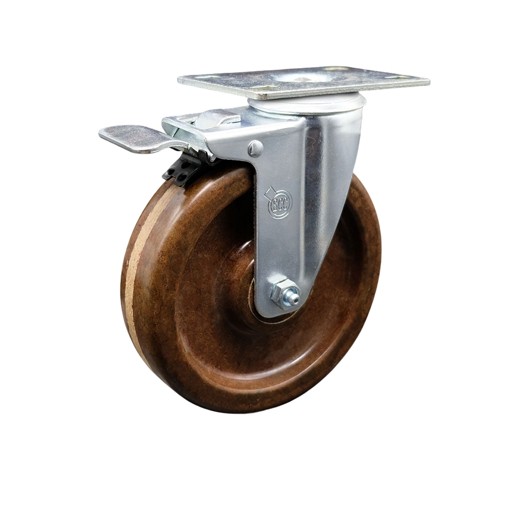 High Temperature Phenolic Swivel Top Plate Caster with 5 Inch Brown Wheel and Total Locking Brake - 300 lbs. Capacity Per Caster - Service Caster Brand — photo 1