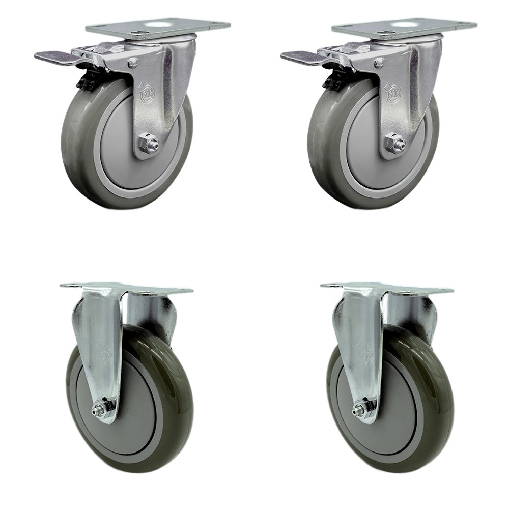 Polyurethane Swivel Top Plate Caster Set of 4 with 5 Inch Gray Wheels - Includes 2 Swivel with Total Locking Brakes and 2 Rigid - 1400 lbs. Total Capacity - Service Caster Brand — photo 1