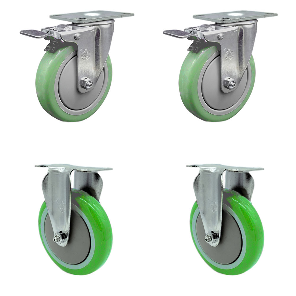 Polyurethane Swivel Top Plate Caster Set of 4 with 5 Inch Green Wheels - Includes 2 Swivel with Total Locking Brakes and 2 Rigid - 1400 lbs. Total Capacity - Service Caster Brand — photo 1
