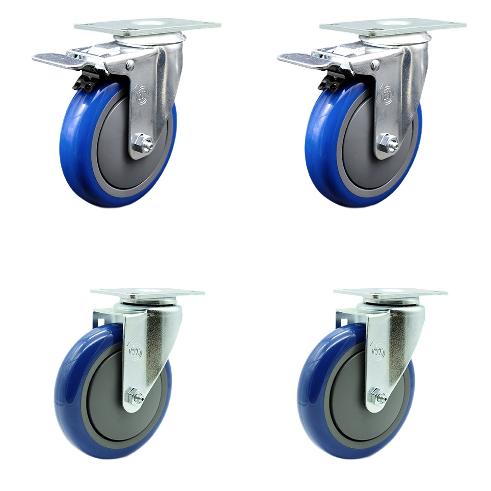 Polyurethane Swivel Top Plate Caster Set of 4 with 5 Inch Blue Wheels - Includes 2 Swivel with Total Locking Brakes and 2 Swivel - 1400 lbs. Total Capacity - Service Caster Brand — photo 1