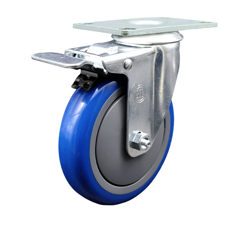 5 Inch Swivel Caster with Blue Polyurethane Wheel and Total Lock Brake - 350 lbs Capacity per Caster - Service Caster Brand — photo 1